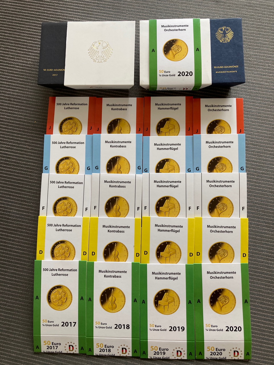 20 x Gold Euro Schuber (50 Euro Gold-Münzenschuber 2017-2020 ADFGJ